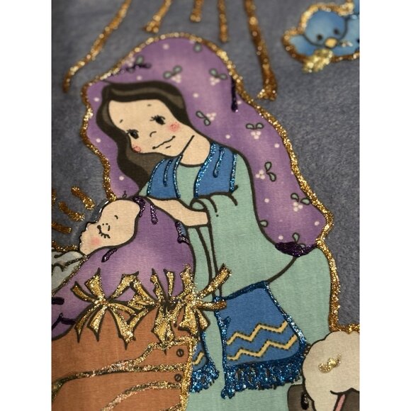 Vtg Christmas Tree Skirt Felt Handmade Painted Kitschy Holy Family  Retro 44” - Picture 5 of 8